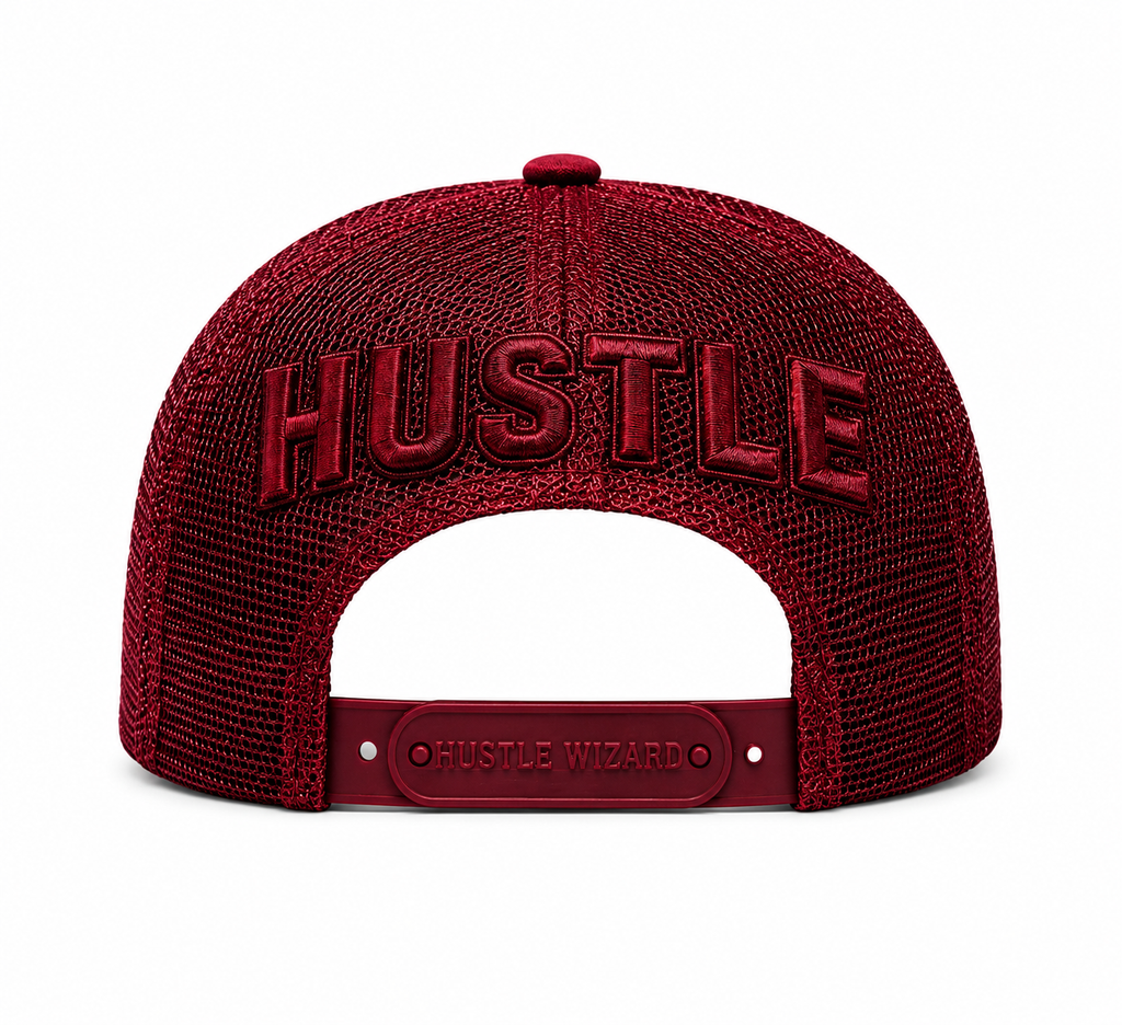 Hustle Wizard Crimson 3D Puff Embroidered Snapback Trucker Hat – Premium Luxury Streetwear Cap
