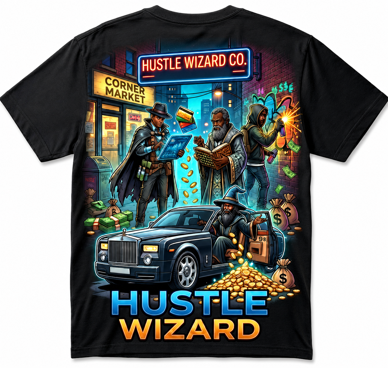 HUSTLE WIZARD “Corner Market” Graphic T-Shirt – Premium Streetwear Urban Wizard Tee
