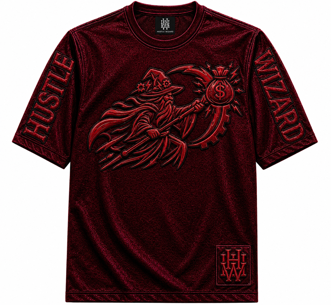 Hustle Wizard Crimson Embroidered Luxury Streetwear Tee 🔥🧙‍♂️💰