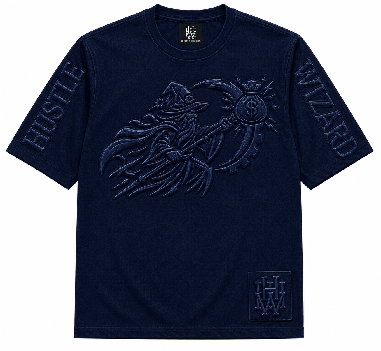 Hustle Wizard Midnight Blue 3D Puff Embroidery Luxury T-Shirt – Premium Streetwear Tee