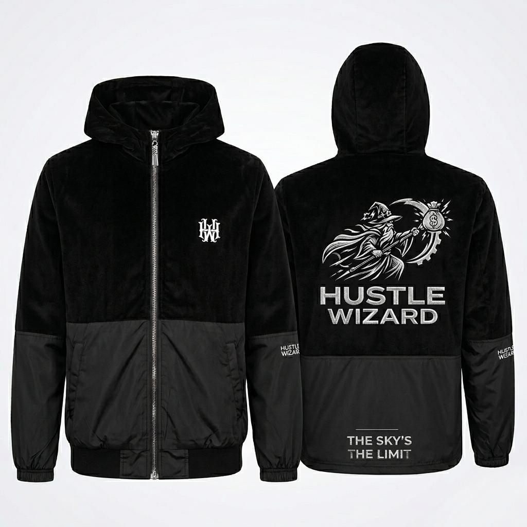 "Hustle Wizard" Heavyweight French Terry 3D Embroidery Zip-Up – Midnight Black/Grey